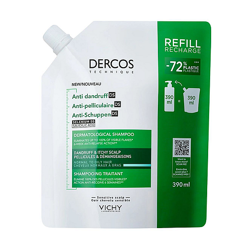 Vichy Dercos Anti-Dandruff Shampoo Refill Σαμπουάν Κατά της Ξηροδερμίας για την Καταπολέμηση της Λιπαρής Πιτυρίδας & της Φαγούρας του Τριχωτού, 390ml