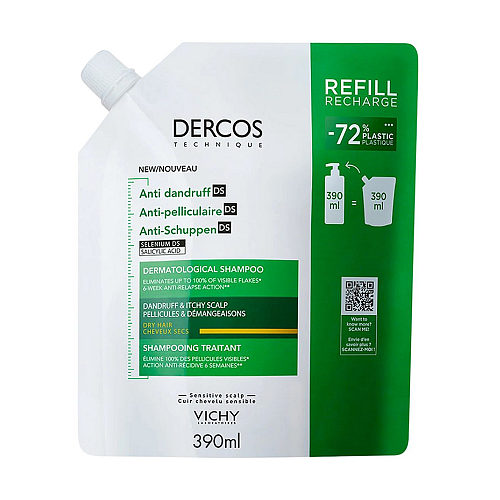 Vichy Dercos Anti-Dandruff Shampoo for Dry Hair Refill Σαμπουάν για την Καταπολέμηση της Ξηρής Πυτιρίδας, 390ml