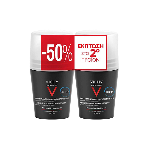 Vichy Promo Homme 48h Deodorant & Antiperspirant Roll-on Ανδρικό Αποσμητικό Roll-on Κατά των Ερεθισμών για Προστασία Έως & 48 Ώρες, 2x50ml