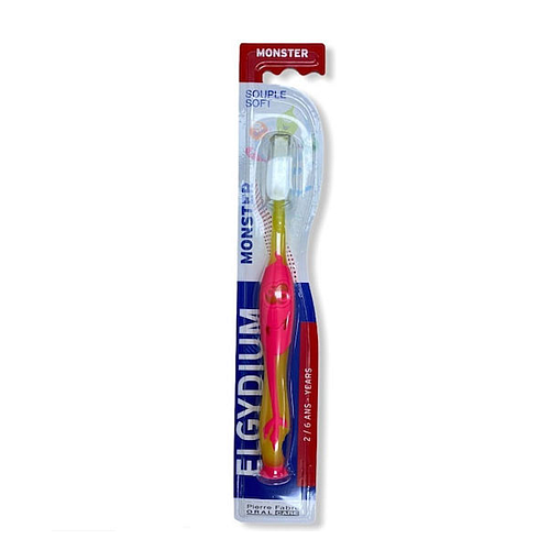 Elgydium Kids Monster Souple Soft Βρεφική Οδοντόβουρτσα για 2+ Χρονών Κίτρινο/Ροζ