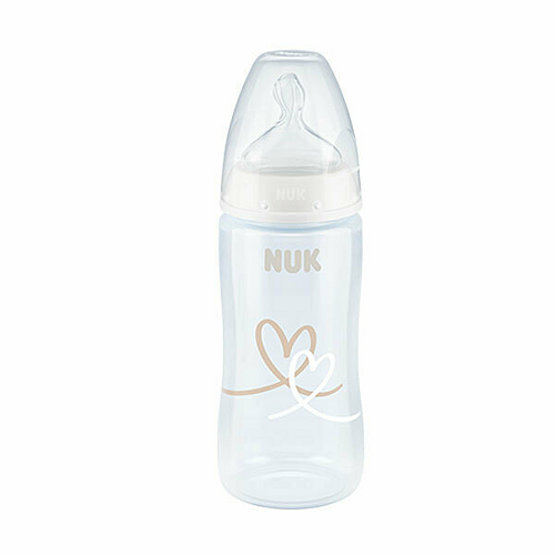 Nuk Πλαστικό Μπιμπερό First Choice Plus Temperature Control Κατά των Κολικών με Θηλή Σιλικόνης 300ml για 6-18 μηνών Λευκό Καρδούλες