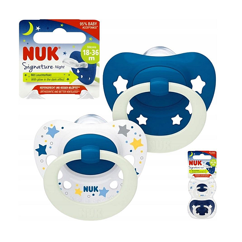Nuk Signature Ορθοδοντικές Πιπίλες Σιλικόνης Νυκτός Άσπρο & Μπλε για 18-36 μηνών 2τμχ
