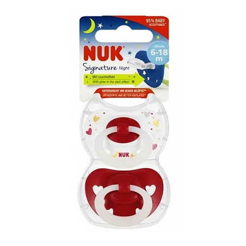 Nuk Signature Ορθοδοντικές Πιπίλες Σιλικόνης Νυκτός με Θήκη κόκκινο/λευκό για 6-18 μηνών 2τμχ
