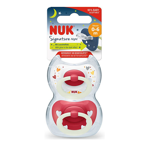 Nuk Signature Night Ορθοδοντικές Πιπίλες Σιλικόνης Νυκτός με Θήκη Άσπρο & Κοκκινο για 0-6 μηνών 2τμχ
