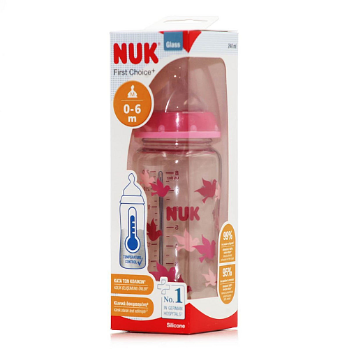 Nuk Γυάλινο Μπιμπερό First Choice Plus Temperature Control Κατά των Κολικών με Θηλή Σιλικόνης 240ml για 0-6 μηνών Pink Birds