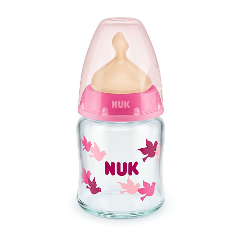 Nuk Γυάλινο Μπιμπερό First Choice+ με Θηλή Καουτσούκ για 0-6 μηνών Ροζ Πουλάκια 120ml