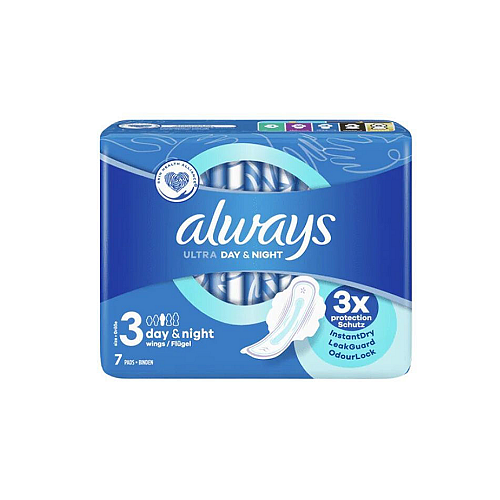 Always Ultra Day & Night Σερβιέτες με Φτερά Νυκτός για Αυξημένη Ροή 6 Σταγόνες Μέγεθος 3 7τμχ