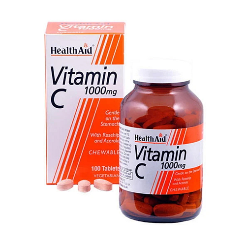 Health Aid Vitamin C Rosehip & Acerola 1000mg 100tabs Βιταμίνη για Ενίσχυση του Ανοσοποιητικού, τo Δέρμα & Αντιοξειδωτική δράση 500mg 100 μασώμενες ταμπλέτες