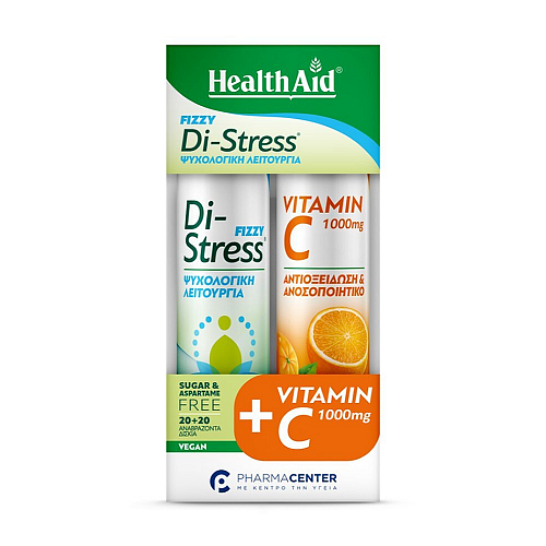 Health Aid Fizzy Di-stress Combo Pack Συμπληρωμα Διατροφής Καλή Ψυχολογική Λειτουργία & Βιταμίνη C 1000mg 2x20 Αναβράζοντα Δισκία