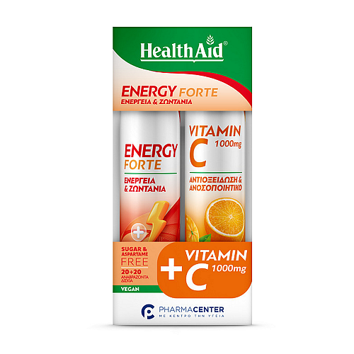 Health Aid Energy Forte Γεύση Τροπικά Φρούτα 20 Αναβράζοντα Δισκία & Vitamin C 1000mg Γεύση Πορτοκάλι 20 Αναβράζοντα Δισκία