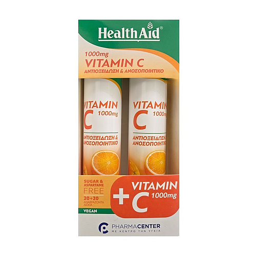 Health Aid Vitamin C Βιταμίνη για Ενίσχυση του Ανοσοποιητικού, τo Δέρμα & Αντιοξειδωτική δράση 1000mg Πορτοκάλι 2 x 20 αναβράζοντα δισκία