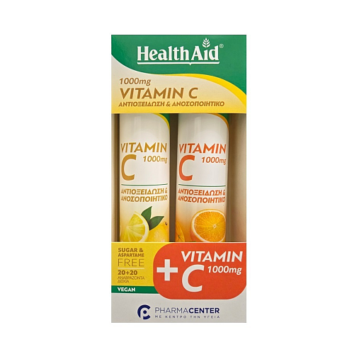 Health Aid Vitamin C Βιταμίνη για Ενίσχυση του Ανοσοποιητικού, τo Δέρμα & Αντιοξειδωτική δράση 1000mg Λεμόνι-Πορτοκάλι 2 x 20 ταμπλέτες
