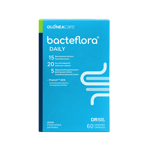 Olonea Bacteflora Daily Συμπλήρωμα Διατροφής με Προβιοτικά, Πρεβιοτικά & Μεταβιοτικά για την Καθημερινή Ομαλή Λειτουργία του Γαστρεντερικού Συστήματος, 60caps
