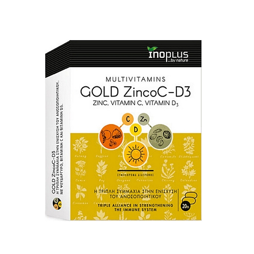 Ino Plus Gold ZincoC-D3 Βιταμίνη για Ενέργεια, Ενίσχυση του Ανοσοποιητικού & τα Μαλλιά 1000iu 20 ταμπλέτες