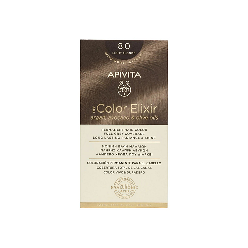 Apivita My Color Elixir Permanent Hair Color 8.0 Ξανθό Ανοιχτό Μόνιμη Βαφή Μαλλιών Χωρίς Αμμωνία που Σταθεροποιεί & Σφραγίζει το Χρώμα, 1τμχ.