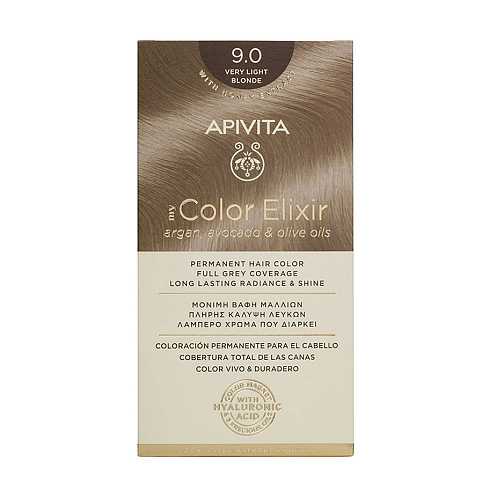 Apivita My Color Elixir Permanent Hair Color 9.0 Ξανθό Πολύ Ανοιχτό Μόνιμη Βαφή Μαλλιών Χωρίς Αμμωνία που Σταθεροποιεί & Σφραγίζει το Χρώμα, 1τμχ.