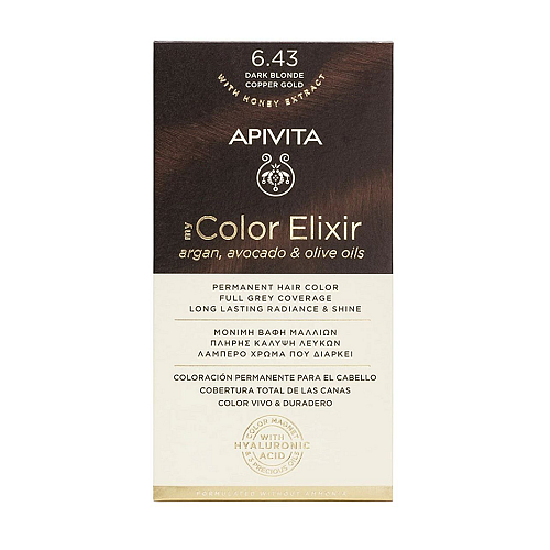 Apivita My Color Elixir Permanent Hair Color 6.43 Ξανθό Σκούρο Χάλκινο Μελί Μόνιμη Βαφή Μαλλιών Χωρίς Αμμωνία που Σταθεροποιεί & Σφραγίζει το Χρώμα, 1τμχ.