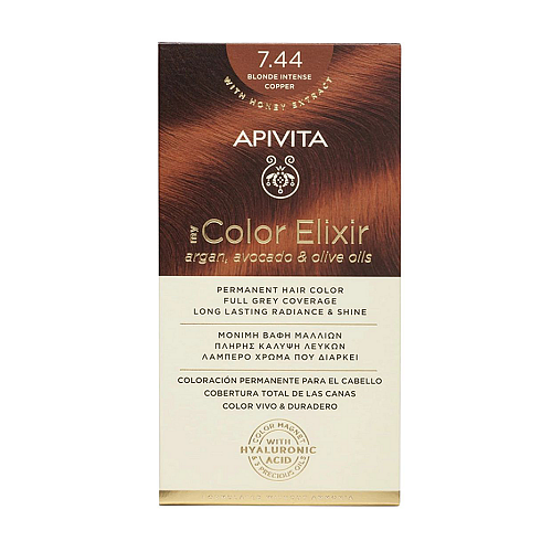 Apivita My Color Elixir Permanent Hair Color 7.44 Ξανθό Έντονο Χάλκινο Μόνιμη Βαφή Μαλλιών Χωρίς Αμμωνία που Σταθεροποιεί & Σφραγίζει το Χρώμα, 1τμχ.