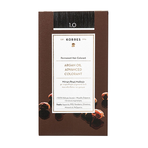 Korres Argan Oil Advanced Colorant 1.0 Μόνιμη Βαφή Μαλλιών με Έλαιο Argan & Φυτική Κερατίνη για Έντονο Μαύρο Χρώμα, 50ml