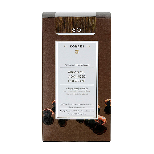 Korres Argan Oil Advanced Colorant 6.0 Μόνιμη Βαφή Μαλλιών με Έλαιο Argan & Φυτική Κερατίνη για Πλούσιο Ξανθό Σκούρο Χρώμα, 50ml