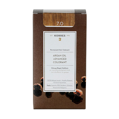Korres Argan Oil Advanced Colorant 7.0 Μόνιμη Βαφή Μαλλιών με Έλαιο Argan & Φυτική Κερατίνη για Ξανθό Χρώμα, 50ml