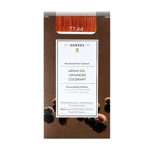 Korres Argan Oil Advanced Colorant 77.44 Μόνιμη Βαφή Μαλλιών με Έλαιο Argan & Φυτική Κερατίνη για Ξανθό Έντονο Χάλκινο Χρώμα, 50ml