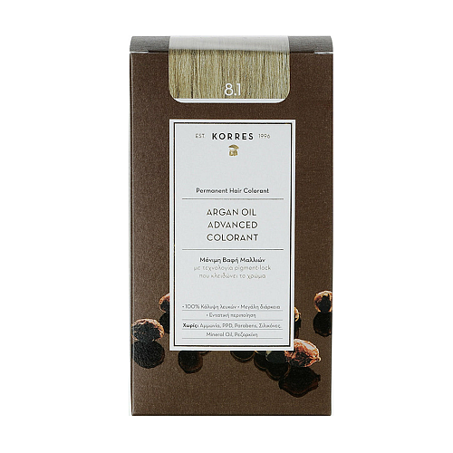 Korres Argan Oil Advanced Colorant 8.1 Μόνιμη Βαφή Μαλλιών με Έλαιο Argan & Φυτική Κερατίνη για Ενυδάτωση & Πλήρη Κάλυψη Απόχρωση 8.1 Ξανθό Ανοιχτό Σαντρέ, 50ml