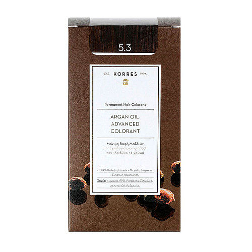 Korres Argan Oil Advanced Colorant 5.3 Μόνιμη Βαφή Μαλλιών με Έλαιο Argan & Φυτική Κερατίνη για Καστανό Ανοιχτό Χρυσό / Μελί Χρώμα, 50ml