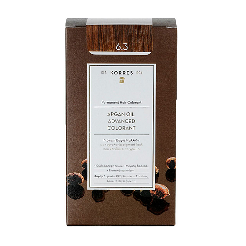 Korres Argan Oil Advanced Colorant 6.3 Μόνιμη Βαφή Μαλλιών με Έλαιο Argan & Φυτική Κερατίνη για Ξανθό Σκούρο Χρυσό / Μελί Χρώμα, 50ml