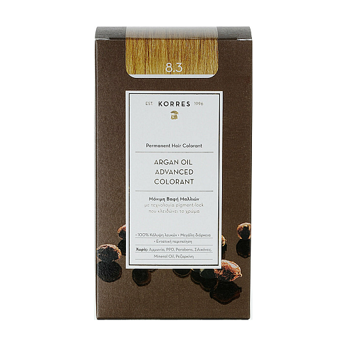 Korres Argan Oil Advanced Colorant 8.3 Μόνιμη Βαφή Μαλλιών με Έλαιο Argan & Φυτική Κερατίνη για Θρέψη & Λάμψη Απόχρωση 8.3 Ξανθό Ανοιχτό Χρυσό/Μελί, 50ml