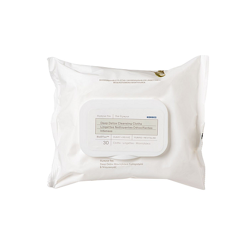 Korres Deep Detox Cleansing Cloths Μαντηλάκια Καθαρισμού & Ντεμακιγιάζ με Τσάι Ολύμπου, 30τμχ.