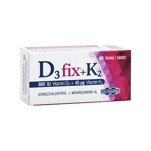 UNI-PHARMA D3 Fix + K2 Βιταμίνη για Ενίσχυση του Ανοσοποιητικού & την Υγεία των Οστών 800iu 45mcg 60 ταμπλέτες