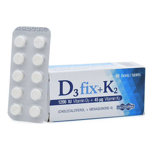 UNI-PHARMA D3 Fix + K2 Βιταμίνη για Ενίσχυση του Ανοσοποιητικού & την Υγεία των Οστών 1200iu 45mcg 60 ταμπλέτες