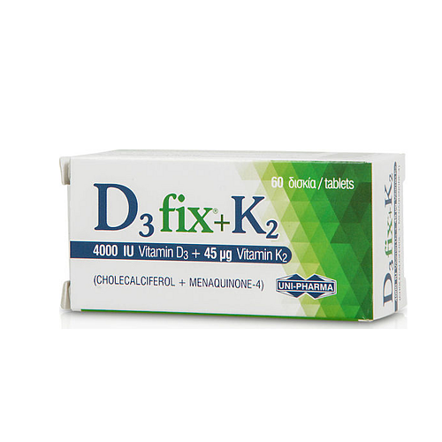 UNI-PHARMA D3 Fix + K2 Βιταμίνη για Ενίσχυση του Ανοσοποιητικού & την Υγεία των Οστών 4000iu 45mcg 60 ταμπλέτες