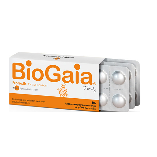 BioGaia ProTectis Family & D3 Συμπλήρωμα με Προβιοτικά για Ενήλικες και Παιδιά 30 μασώμενες ταμπλέτες Πορτοκάλι