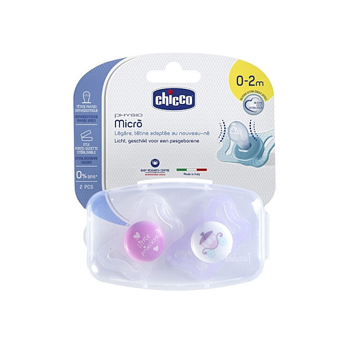 Chicco Physio Micro Ορθοδοντικές Πιπίλες Σιλικόνης Άμαξα/Κορώνα - Ροζ / Μωβ για 0-2 μηνών 3τμχ