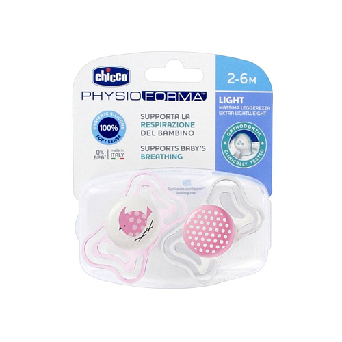 Chicco Physio Forma Light Ορθοδοντικές Πιπίλες Σιλικόνης Νυκτός με Θήκη Bird - Pink-White για 2-6 μηνών 2τμχ