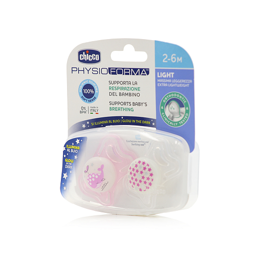 Chicco Physio Forma Light Ορθοδοντικές Πιπίλες Σιλικόνης Νυκτός με Θήκη Whale - Pink-White για 2-6 μηνών 2τμχ