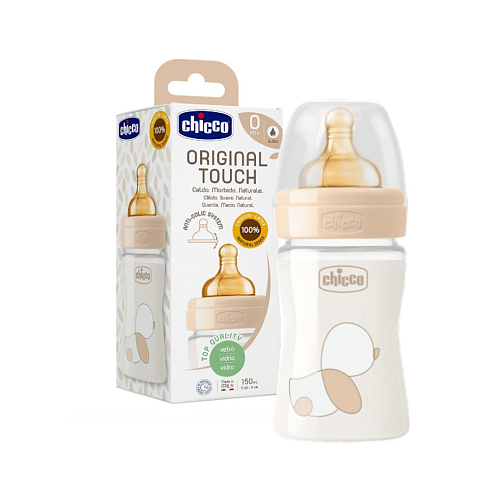 Chicco Γυάλινο Μπιμπερό Original Touch Κατά των Κολικών με Θηλή Καουτσούκ 150ml για 0+ μηνών Μπεζ