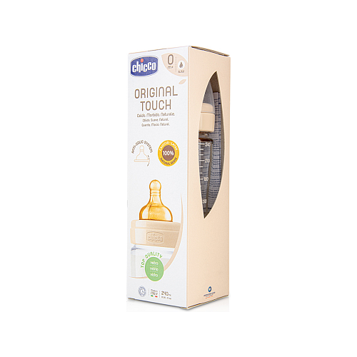 Chicco Γυάλινο Μπιμπερό Original Touch Κατά των Κολικών με Θηλή Καουτσούκ 240ml για 0+ μηνών Μπεζ