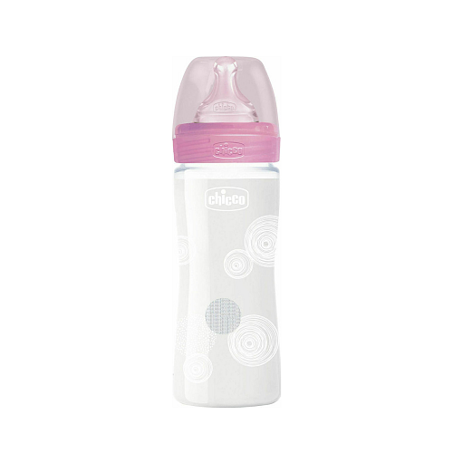 Chicco Γυάλινο Μπιμπερό Well Being Κατά των Κολικών με Θηλή Σιλικόνης 240ml για 0+ μηνών Pink Circles